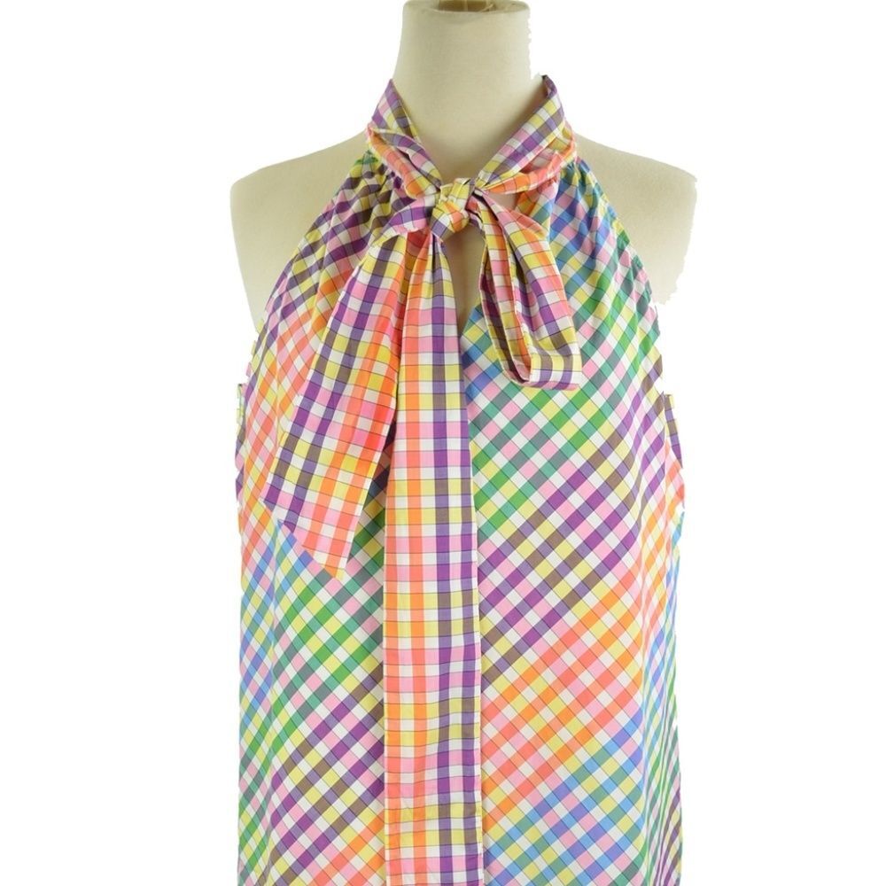 J. Crew Tie-Neck Dress in Rainbow Gingham Size